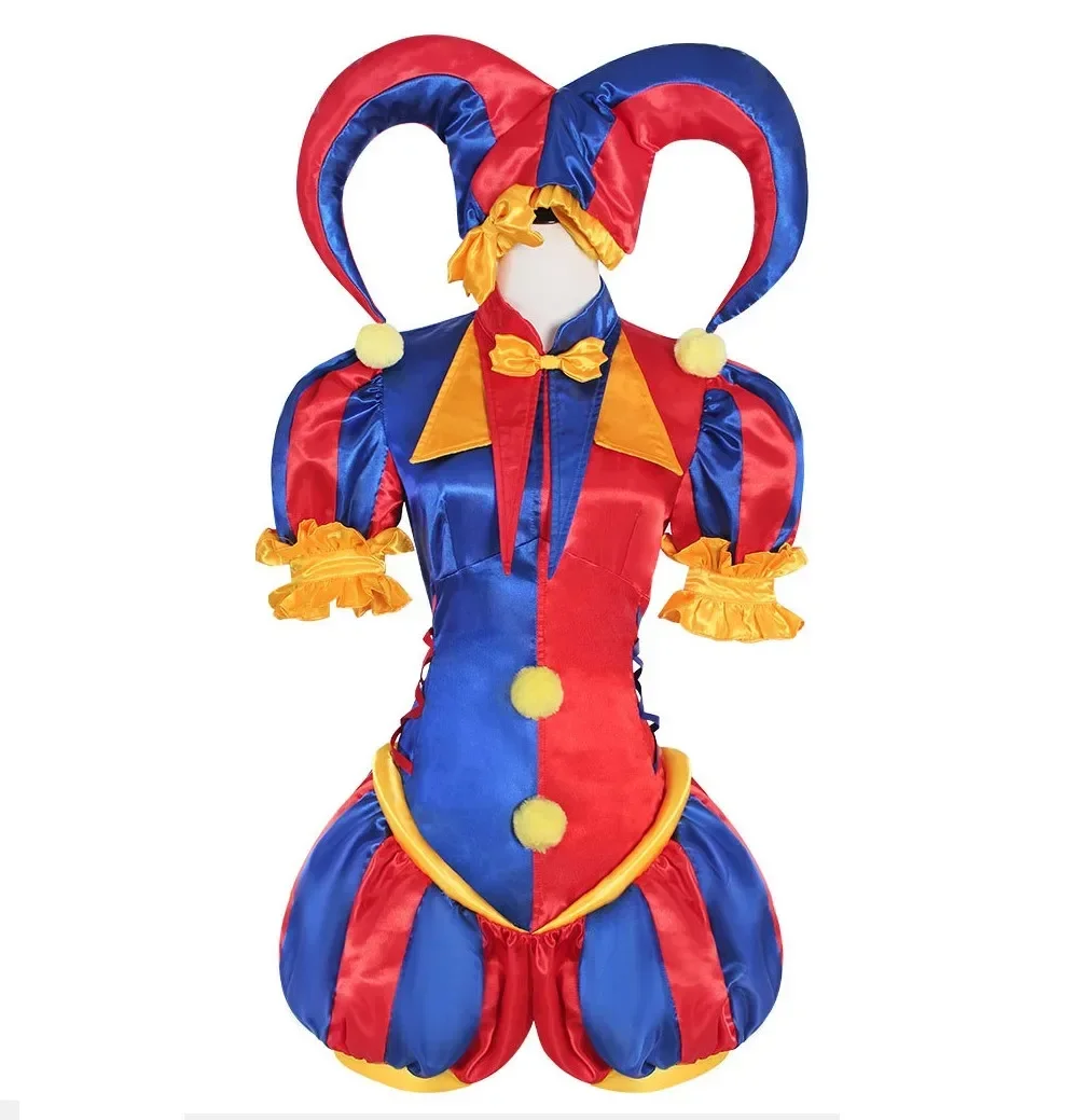 

Adult Women Clown Cosplay Costume Jester costume Blue Red Jumpsuit and Hat with Gloves Socks Christmas Halloween Party Costumes