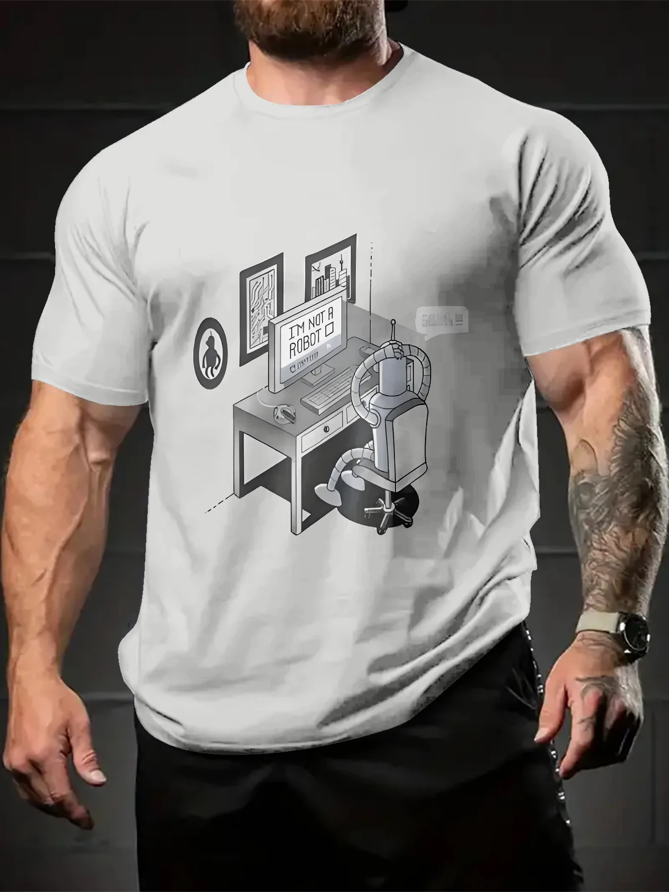 Men Daily Vacation Short Sleeve Tee, Sport T-Shirt with Light White Base Desk Robot Computer Sketch Letter Graphic Pattern