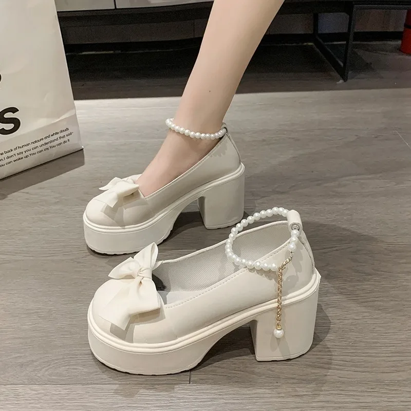 Women Thick Platform Mary Janes Lolita Shoes Party Pumps Summer 2024 Sandals Bow Chain Mujer Shoes Fashion Oxford Zapatos Q15