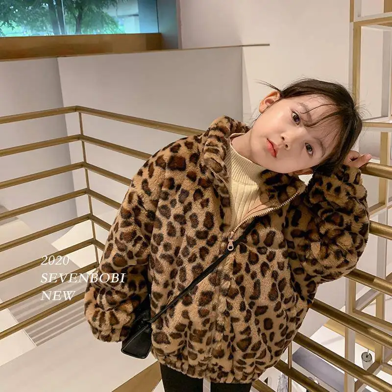 Girl Leopard Print Jacket Fleece Velvet Thicken Coat for Children Autumn Winter Cotton Padding Outwear 1 To 8 Years Kids Clothes