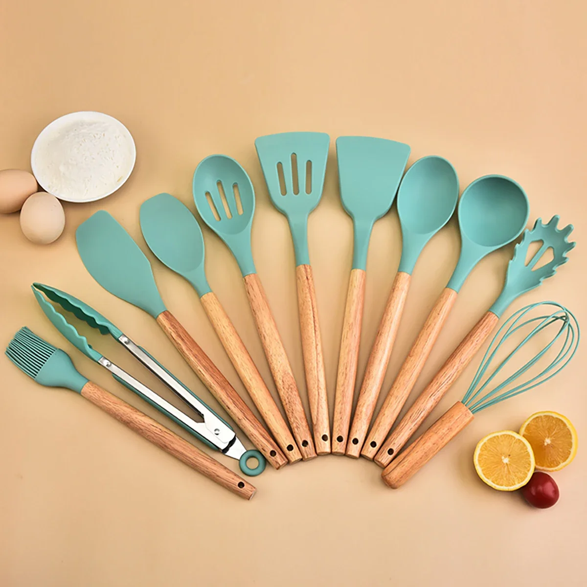 12 Pieces Silicone Cooking Utensils Set Non-stick Cookware Spatula Shovel Egg Kitchenware Beaters Wooden Handle Kitchen Tool