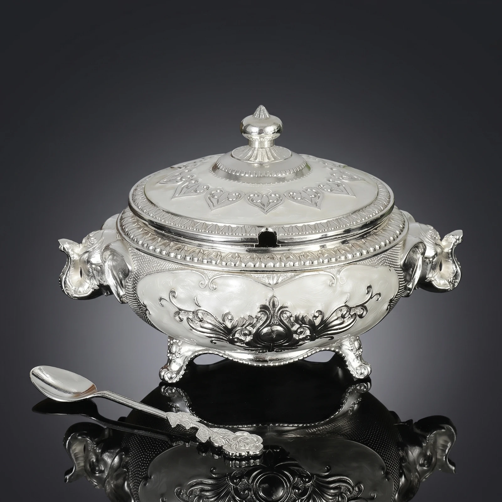 Sugar Bowl with Lid and Spoon Silver-White Sugar Bowl with Lid Dust-Proof Rust-Resistant for Collectors, Tea Party, Dining Table