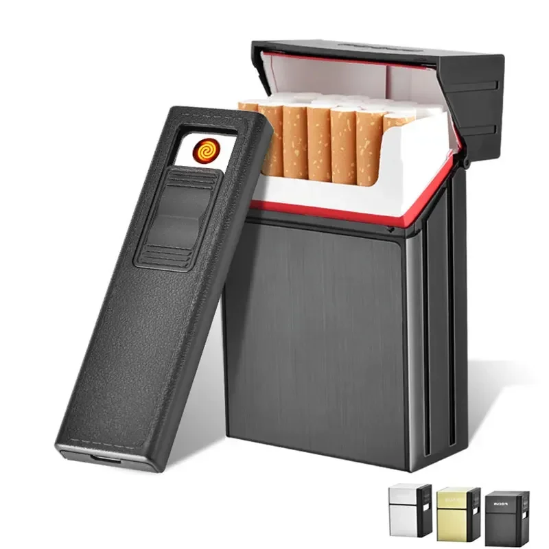 EDC Cigarette Case with USB Lighte Anti-riot 20 Stickers Metal Cigarette Boxes Split Rechargeable Gifts for Men