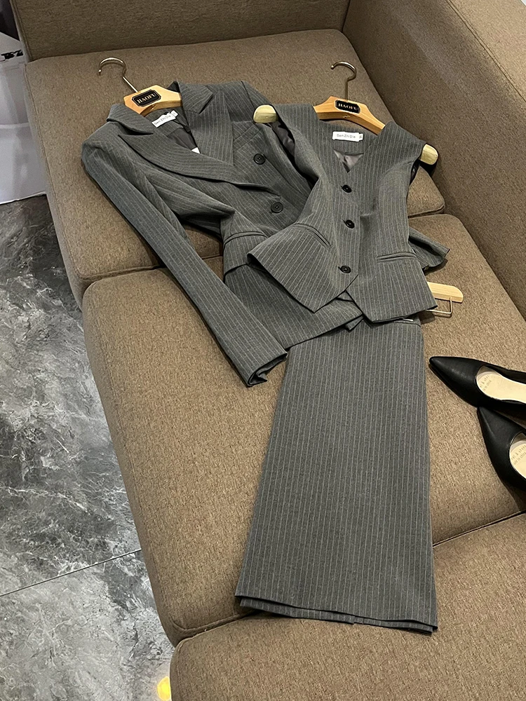 

ay Полосатый комплект рабочего костюма для поездок на работу, женский модный жилет, юбка, комплект из футболки C05748, офисный профессиональный ансамбль