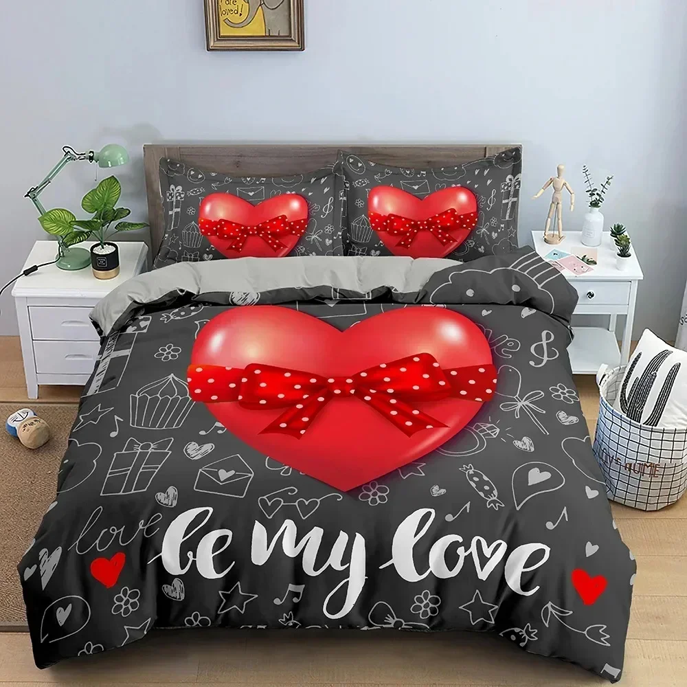 Love Heart Valentine's Day Bedding Set Boys Girls Twin Queen Size Duvet Cover Pillowcase Bed Adult