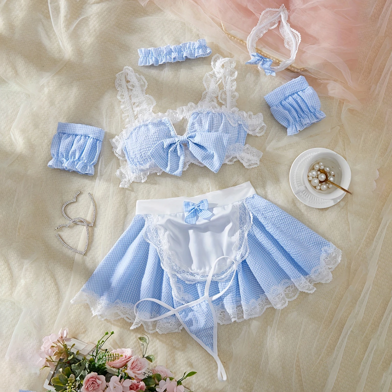 Conjunto de lencería de sirvienta Sexy Lolita para mujer, sin mangas, con estampado de cuadros, lazo y falda, delantal, ropa de dormir exótica