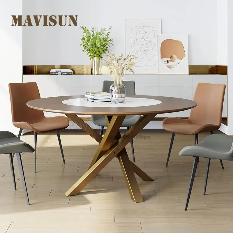 

American Rural Pastoral Style Solid Wood Circle Dining Table With Marble Turntable Light Luxury Rock Slab Dining Table For Hotel