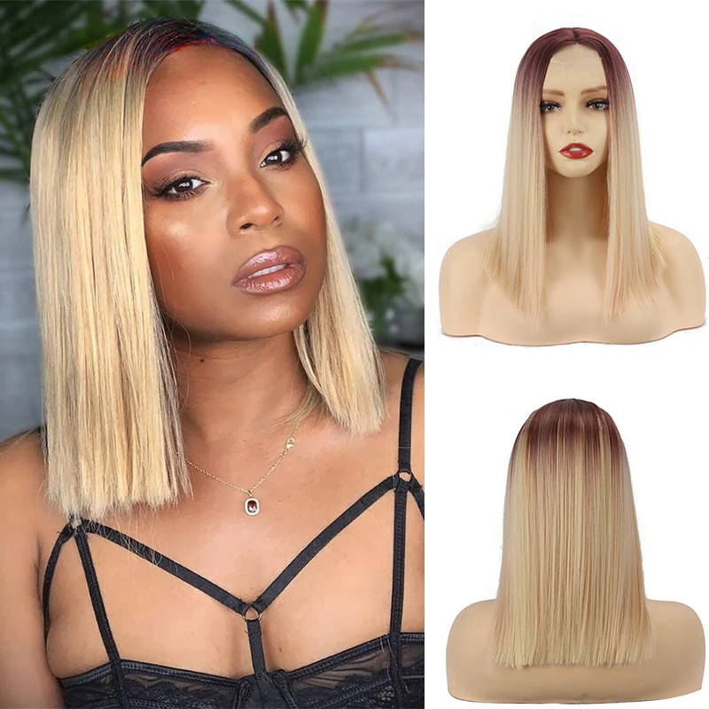 European and American style lace for women, gradient brown-gold short straight synthetic hair wigs