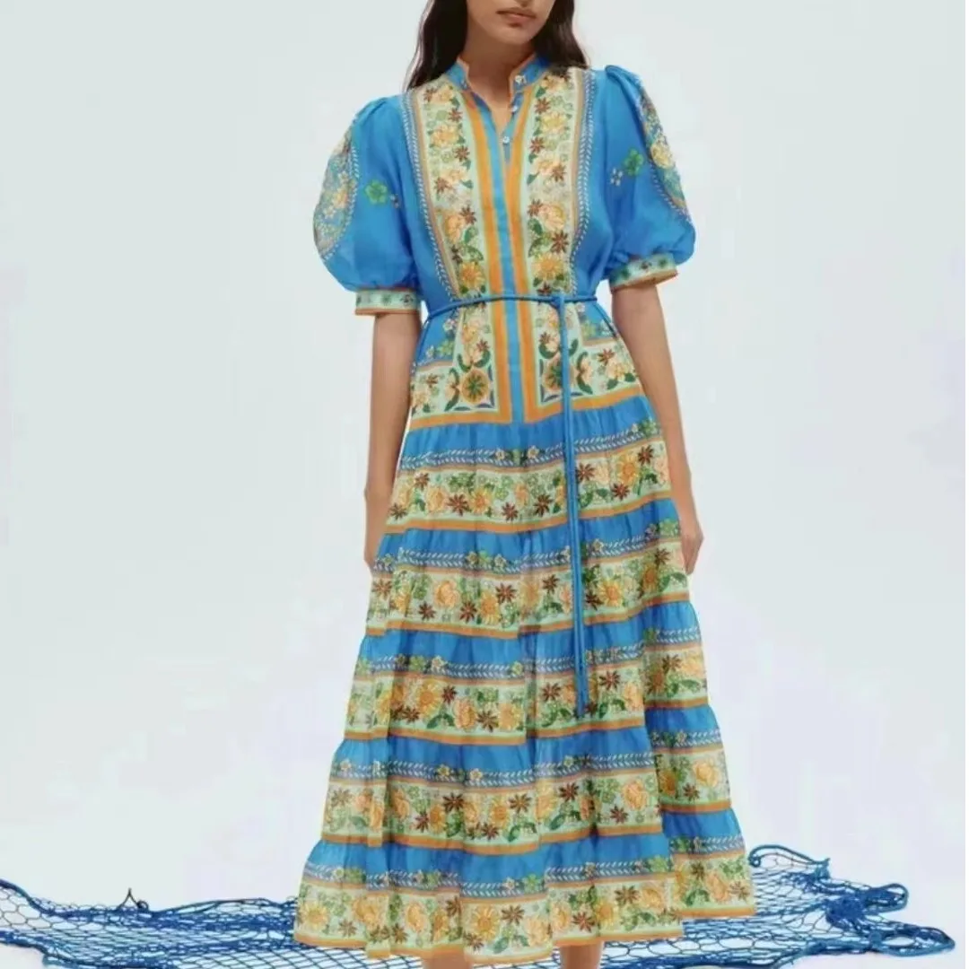 Australian Summer New Vintage Court Bubble Sve High Waist Tie Print Midi Dr Damen Faionable Chiffon ort Sve Dr