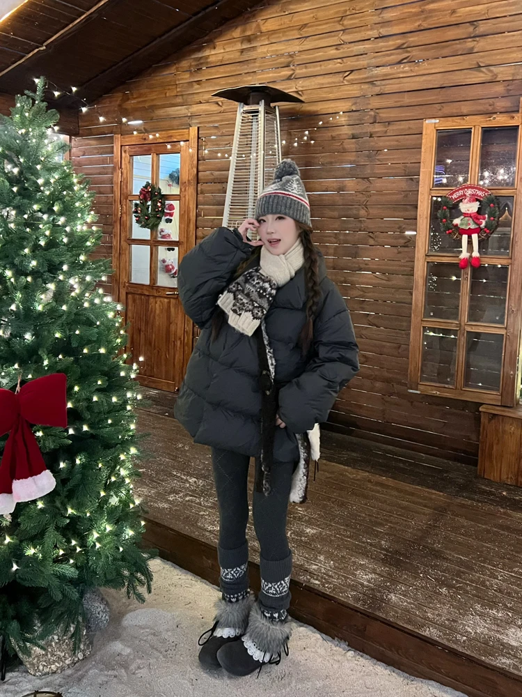 

White Oneko Retro Asymmetrical Collar Thiened Du down Jaet Women Winter Loose Warm Bread Sle Polyester Fiber Coat