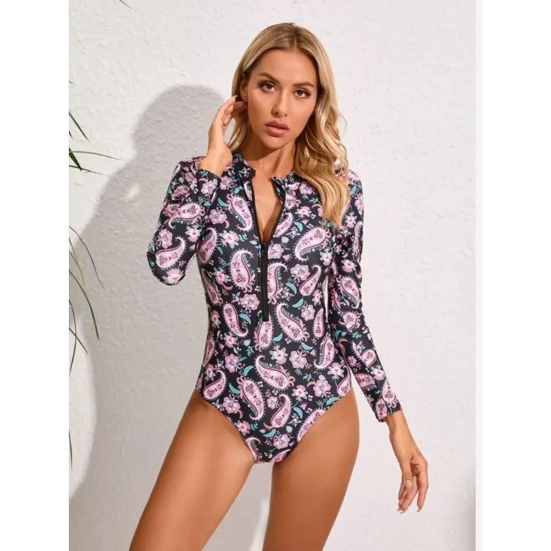 

Paisley Print Half Zip Bathing Suit UPF50+ Women Rash Guard Sports Surfing One-piece Long Sleeve Swimsuit