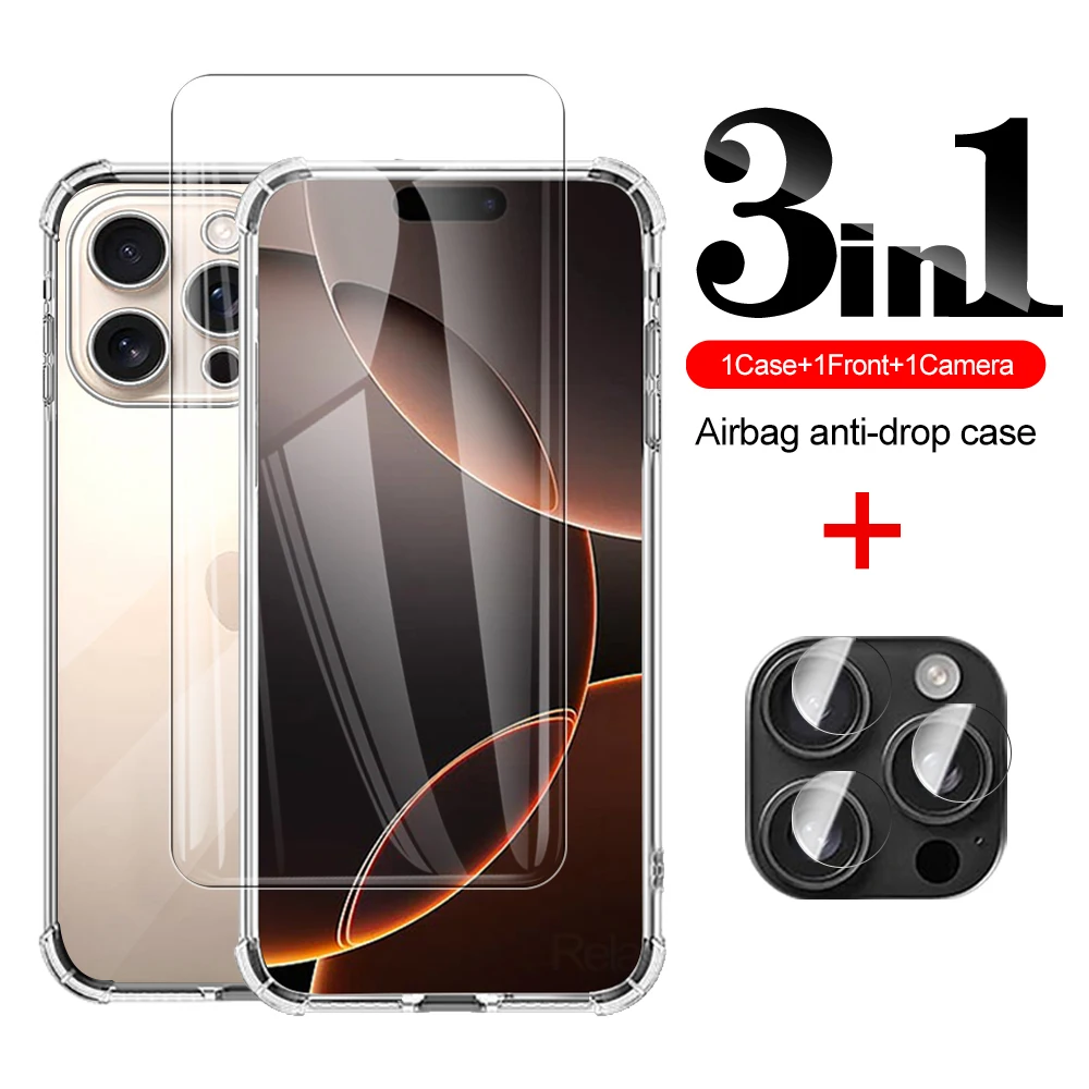 3in1 For Apple iPhone 16 Pro Max Plus Clear Shockproof case screen protector on iPhone16 ProMax 16Pro 16Plus Camera Glass cover