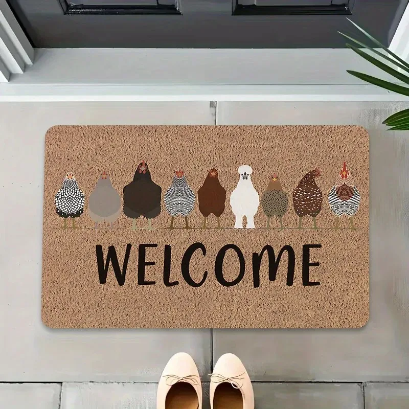 Country Kitchen Doormat Charming Multicoloured Chicken Flock Pattern Entrance Hallway Rug Home Decoration