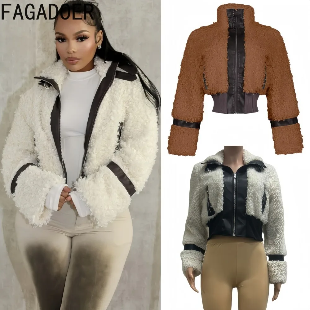 FAGADOER شتاء جديد عادية جلدية الفراء المرقعة معطف المرأة بلون طويل الأكمام جاكيت زيبرا ملابس الشارع الشهير الإناث #1