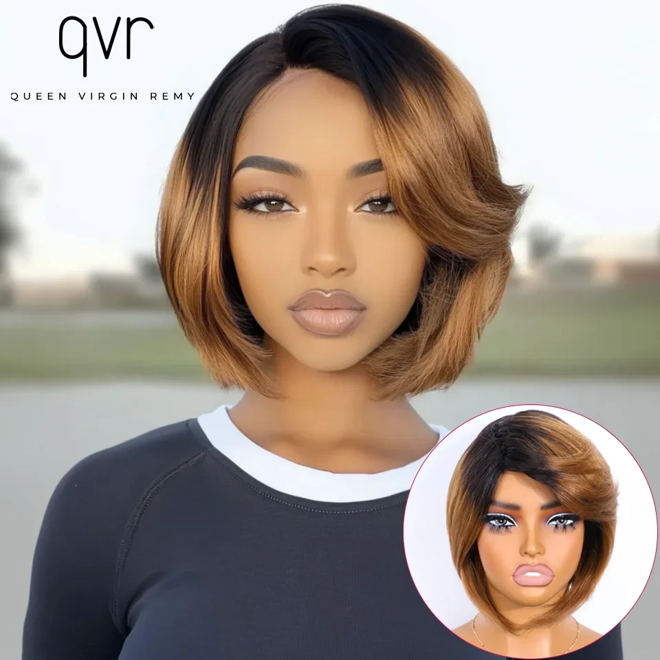 QVR Short Bob Wig Easy Wear Glueless qvr Human Hair Wigs With Bnags Brazililan Remy Brown Colored Straight Bob Wig For Women