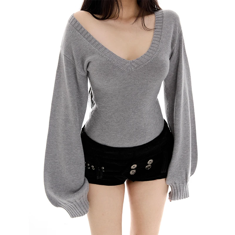 Streetwear Sweater Women Fashion Sexy V Neck Knitted Pullovers Y2K Korean Lantern Long Sleeve Knitwears Autumn Winter Jumpers image 5