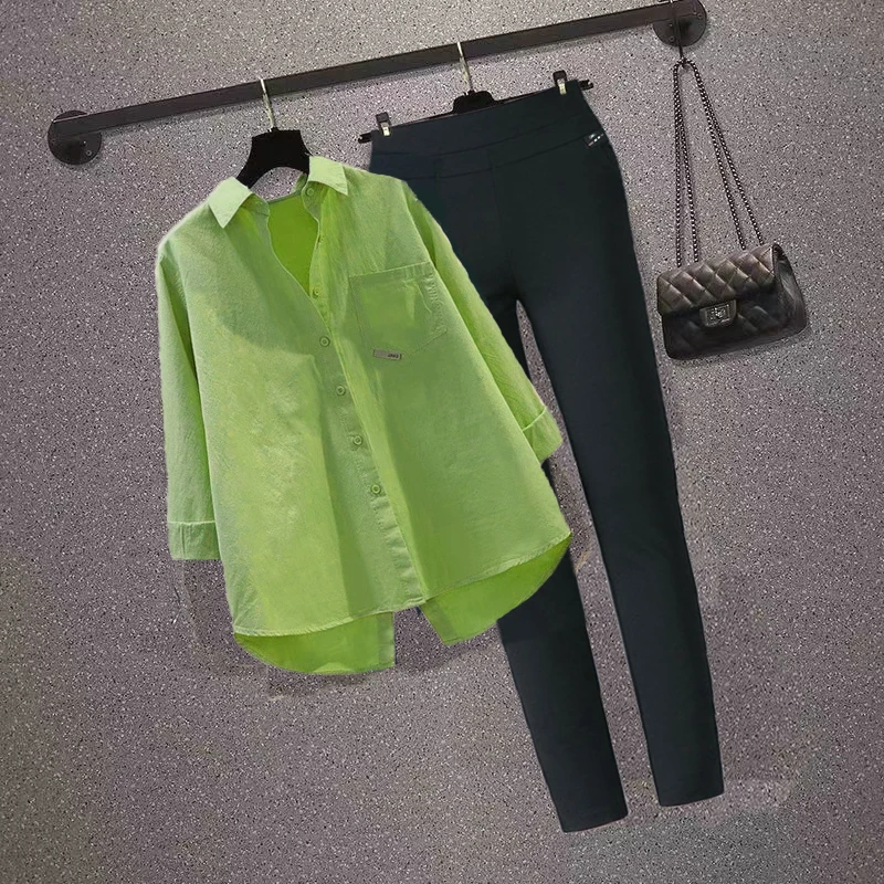 Women's Casual Sets Oversized Cotton Shirts Solid Long Sleeve Streetwear Top Blouse Sweet Loose Elastic Waist Pencil Pants Suit