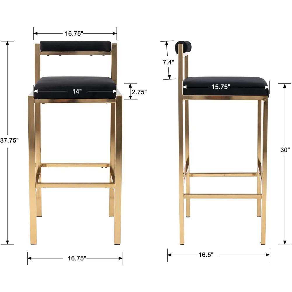 مجموعة مقاعد بار سوداء مخملية مقاس 30 بوصة مكونة من قطعتين، كراسي طعام عالية لجزيرة المطبخ الذهبية المنجدة الحديثة مع مساند للقدمين #2
