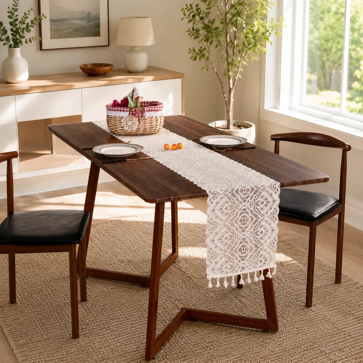 1PC Forest hollow crochet tassel table runner, natural linen cotton, decor for balcony tea table & flower display stand