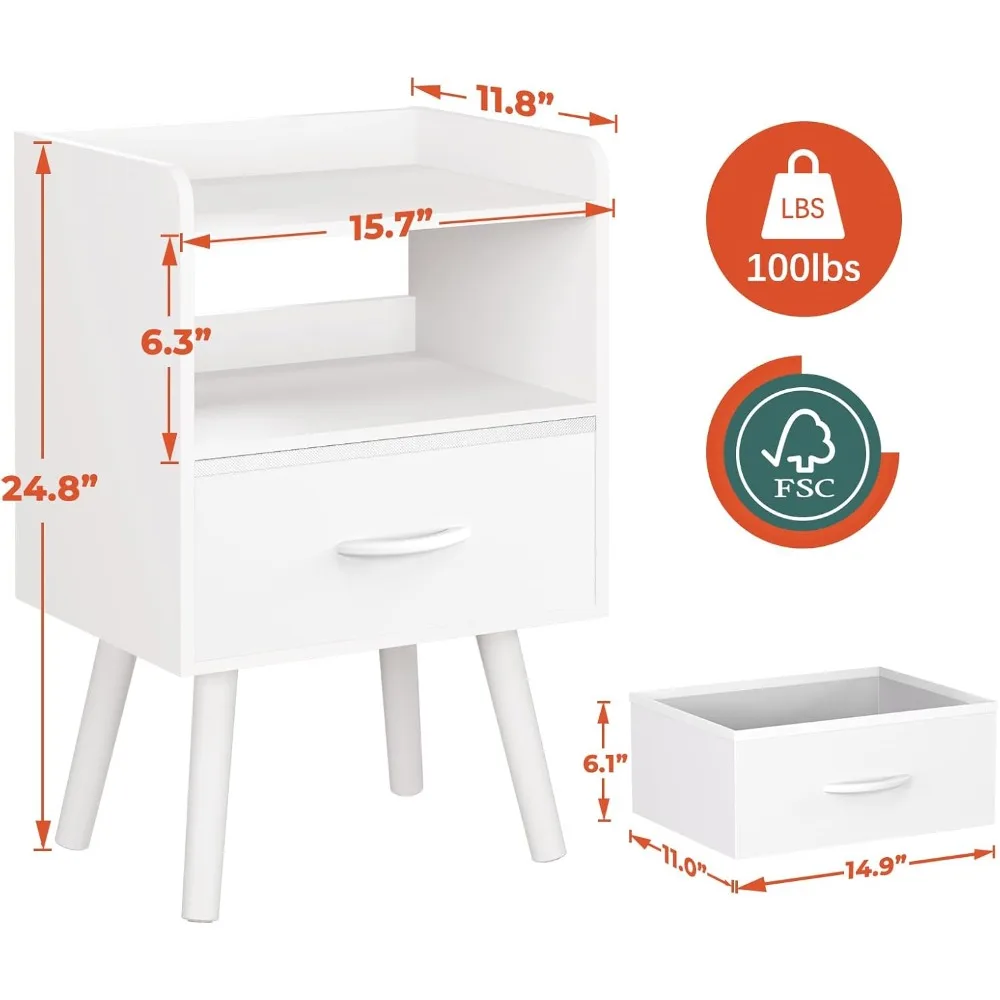 منضدة حديثة من منتصف القرن مع درج ورف مفتوح، وطاولة خشبية صغيرة بجانب السرير