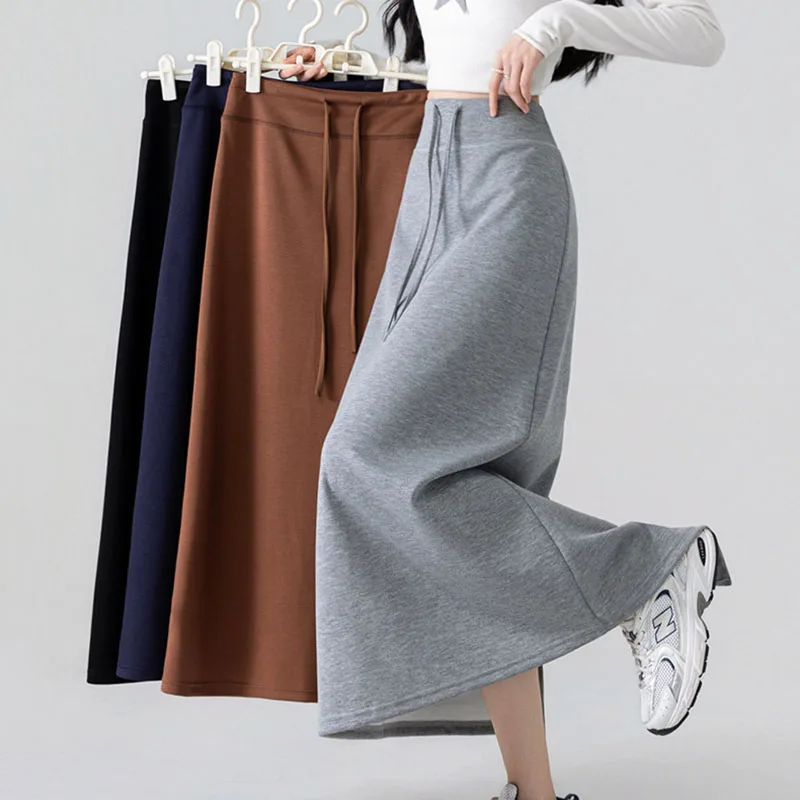High Waist Drawstring Midi Skirt Women Casual Solid Color A-Line Long Skirt Female New Daily Wear Loose Sport Streetwear Skirts
