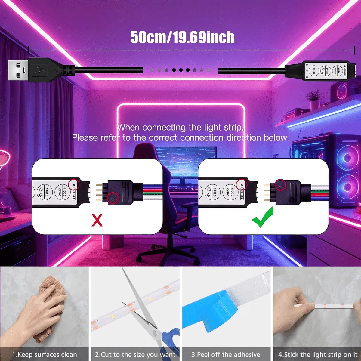 LED Light Strip Indoor Background Lamp with Push-Button Switch, Ambient Light, Easy to Install USB Light Compatible with Laptop