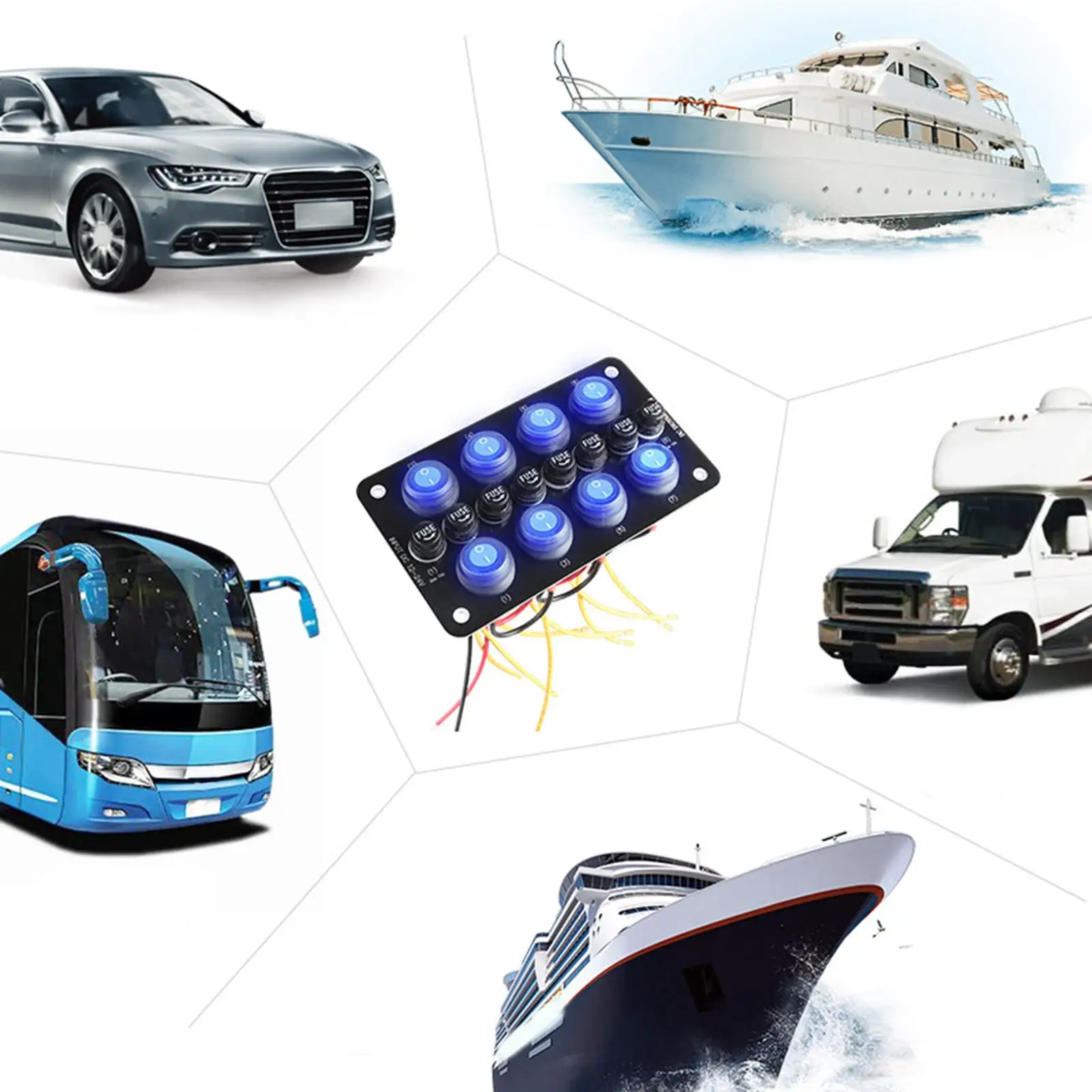 Waterproof 8 Gang Aluminum Rocker Switch Panel Blue LED Toggle for Marine Boat RV Truck SUV Yacht Camper Bus 12V 24V Fuse