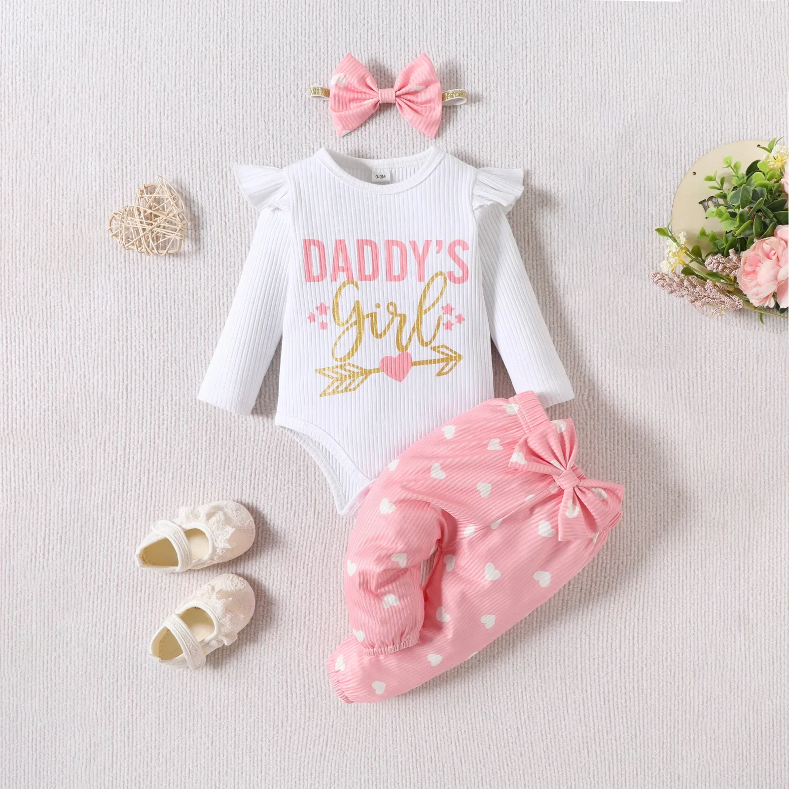 Newborn Infant Baby Girls Fashion Clothes Set Letters Printed Cotton Long Sleeve Bodysuit Top + Hearts Pattern Pants + Headband