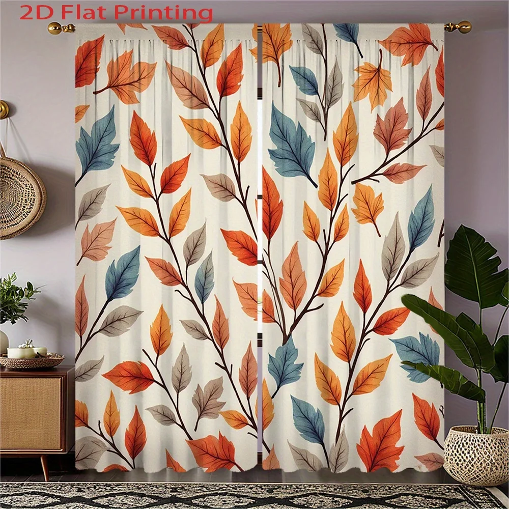 

2pc Autumn leaf pattern watercolor-style curtains - polyester fabric, machine washable, suitable for bedroom living room décor.