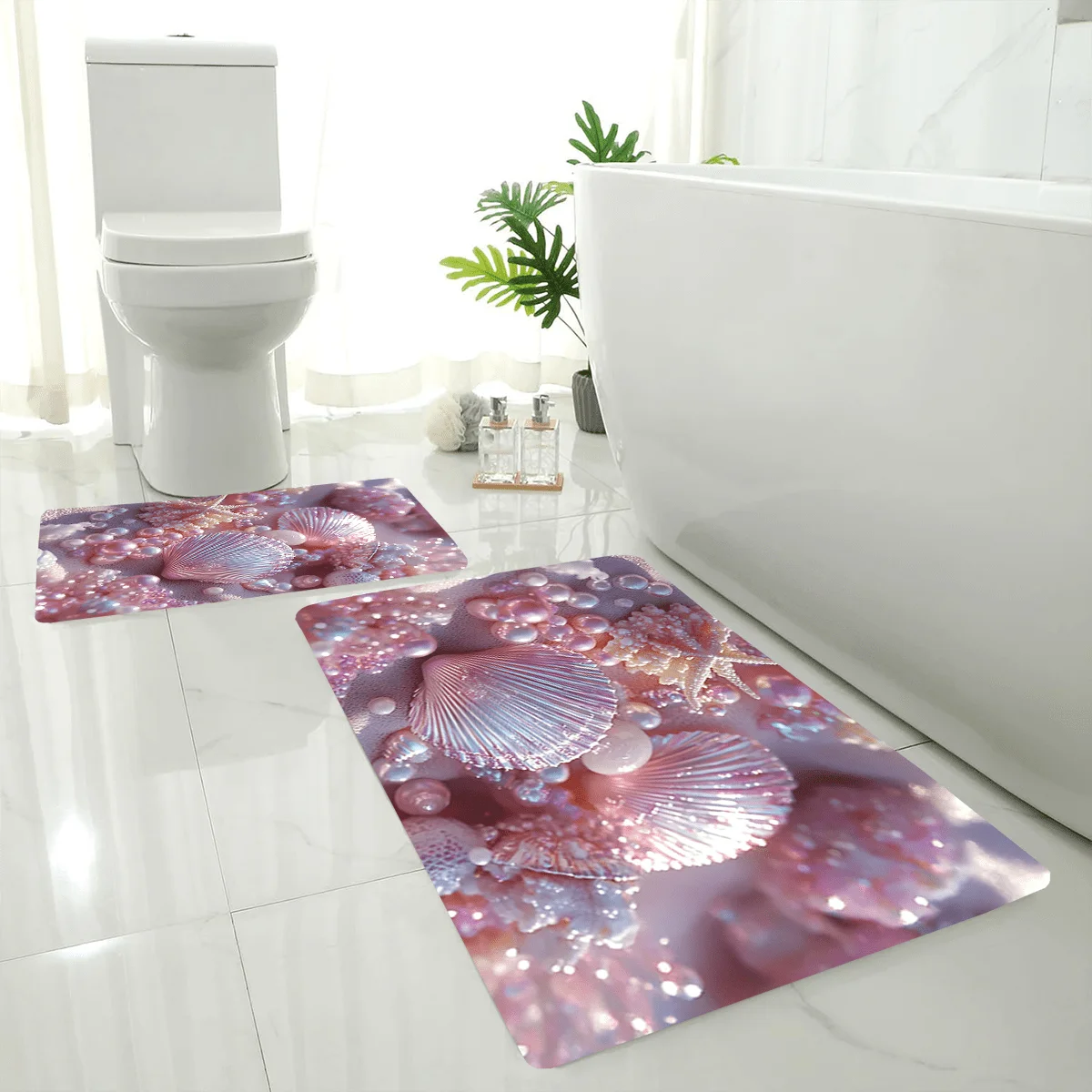 2pcs/ 3pcs/ Set Dreamy Pink Pearl Shell Printed Bathroom Floor Mat Set, Home Decoration Area Carpet, Machine Washable, Wash Ba