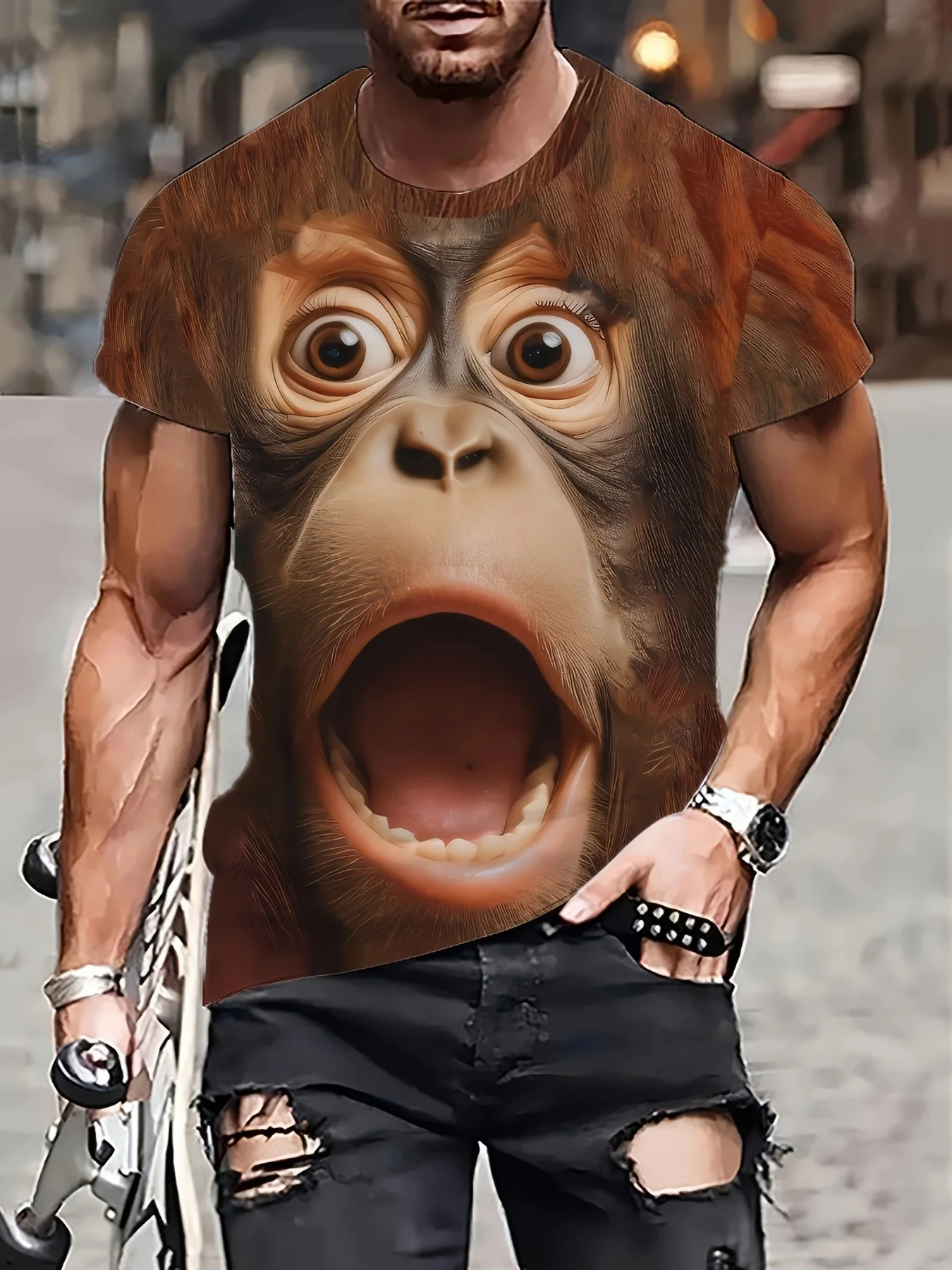 Men's Funny 3D Surprised Orangutan Face Print T-Shirt Neck Short Sleeve Casual Streetwear Novelty Tee Top