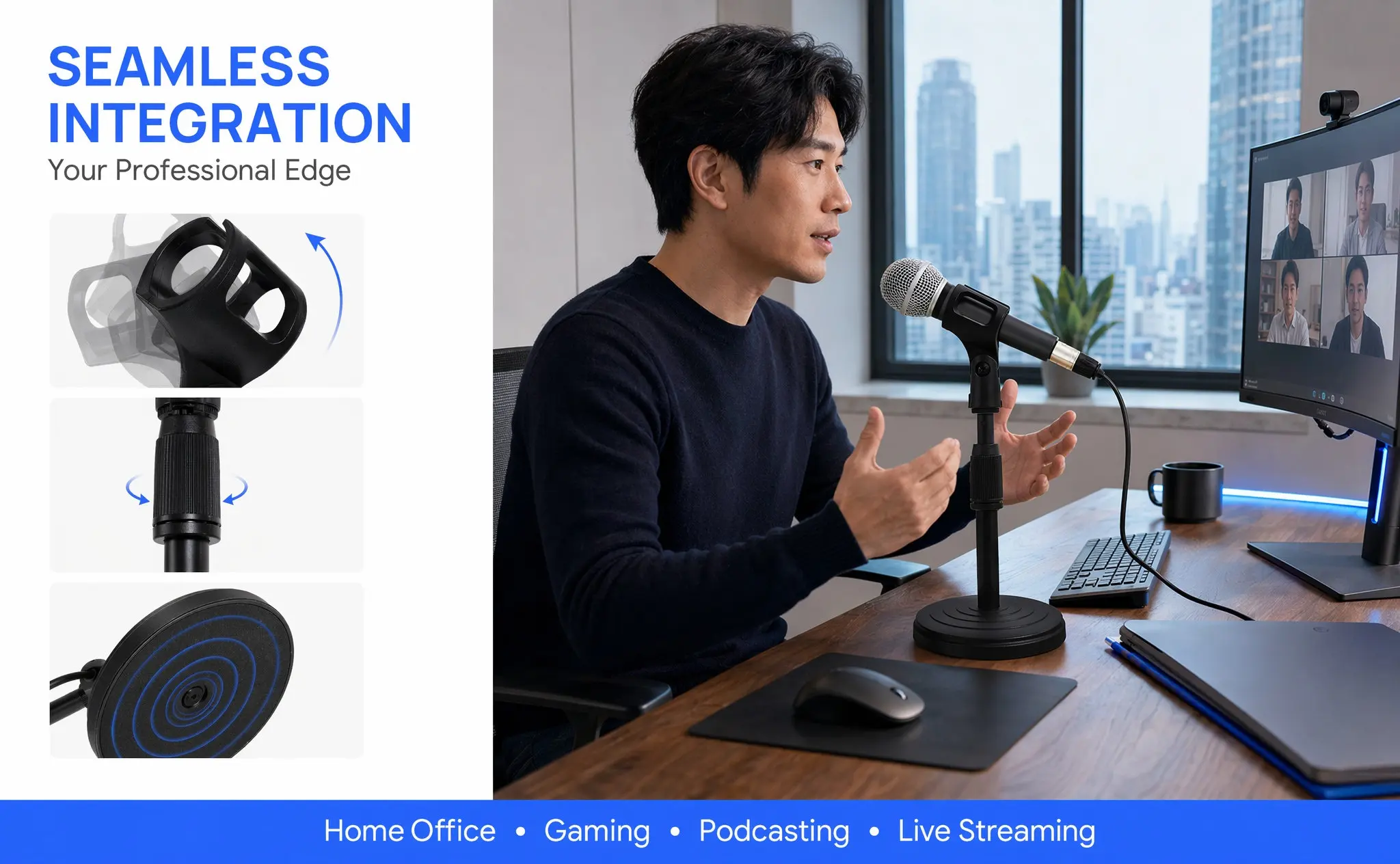 Adjustable Desktop Mic Stand with Strong Clip Mount Stable Height Control for Live Streaming Podcasting Conference Recording