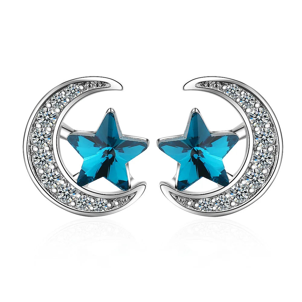 925 Sterling Silver Blue Star Moon Stud Earrings For Women Engagement Wedding Luxury Jewelry Accessories Argent 925 Jewellery