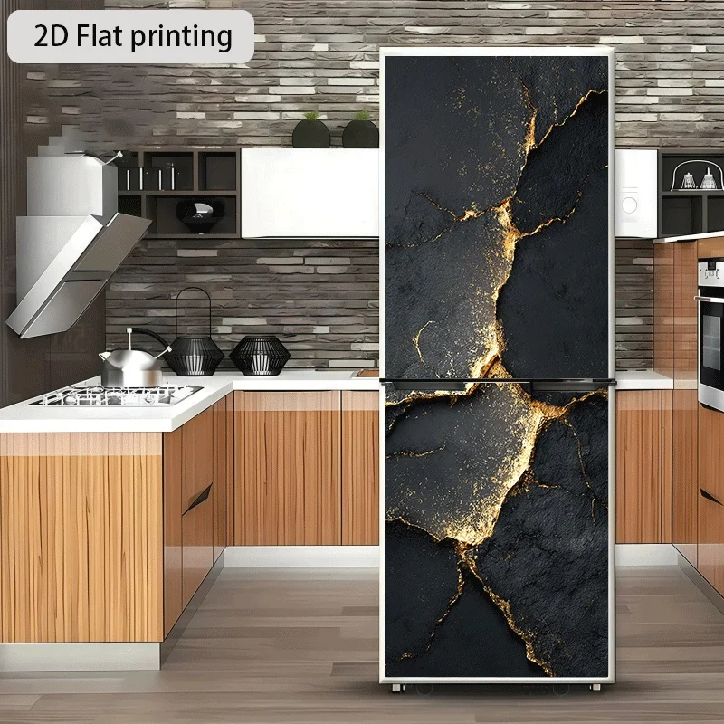 Refrigerator Sticker Black Golden Crackle Beauty Theme Design Wall Sticker Decorative Self-Adhesive Wallpaper Suitable for Cab