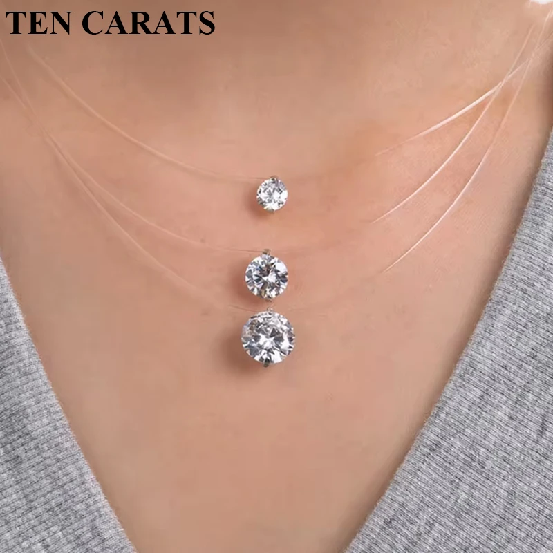 

TEN CARATS 0.5CT-2CT certified Moissanite Women's necklace Transparent invisible thread pendant 100%S925 pure silver jewelry