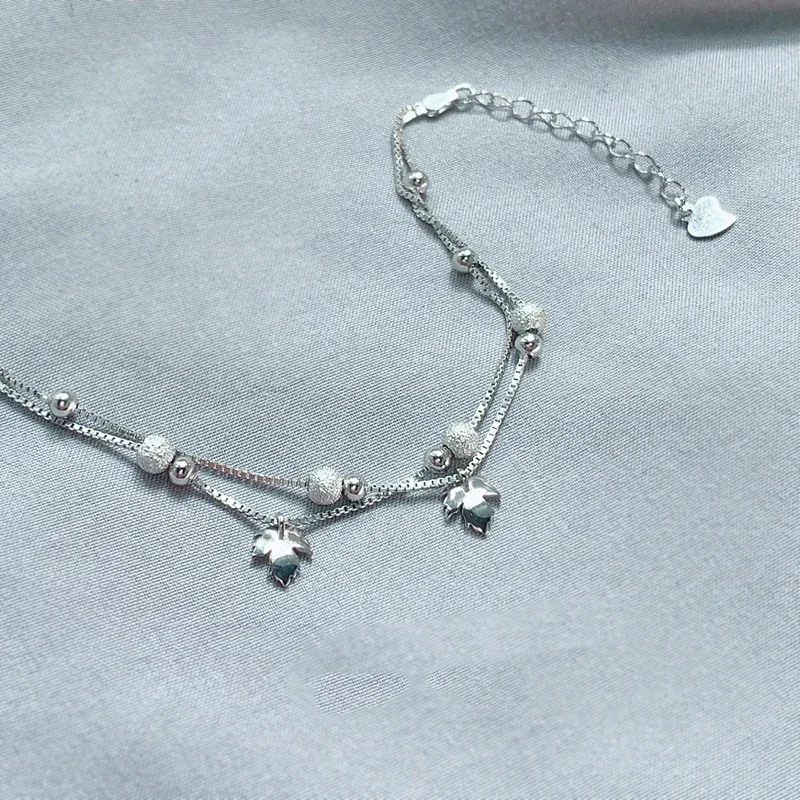 Fresh New in Double layer Chain Frosted Round Beads bracelets femme Vintage Maple Leaf Bracelet for Girls silver 925 Jewelry