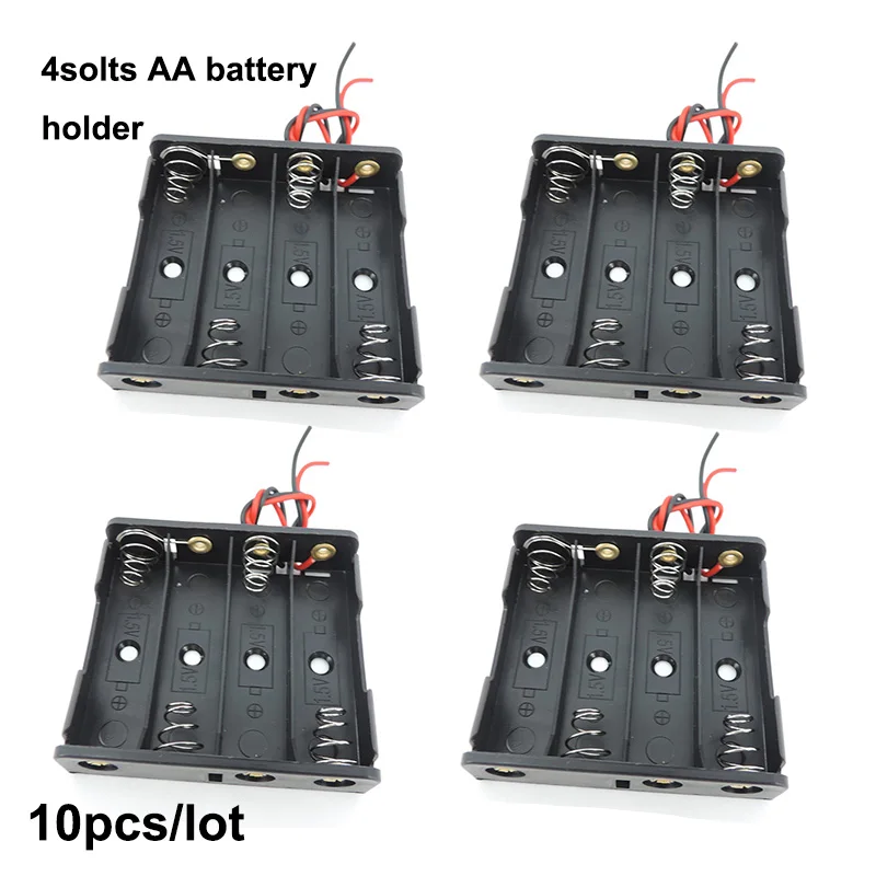 10pcs Black Plastic 4-Slot AA 4 port 4x1.5v Battery Storage Box Case DIY Batteries Clip Holder Container With 2pin Wire Lead