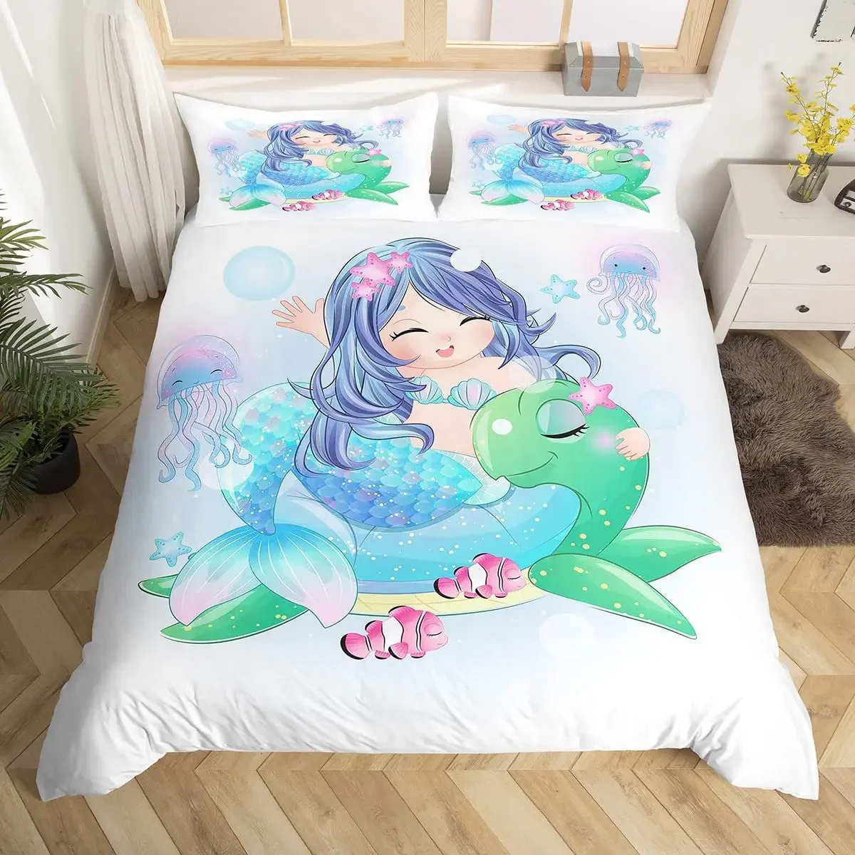 Arco-íris dos desenhos animados gato capa de edredão conjunto colorido sereia conjuntos cama para meninas azul sereia escalas oceano gradiente consolador capa