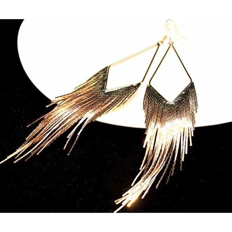 Gold Color Long Tassel Earrings Jewelry Vintage Metal Statement Fringe Earrings Charm Drop Dangle Big Earing for Women