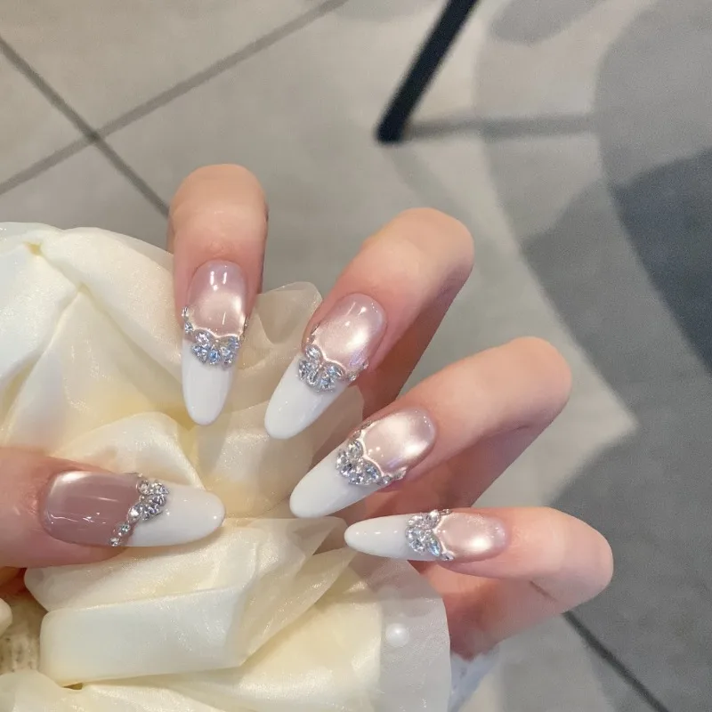 

10Pcs Handmade French Wedding Nails with Cat-eye Zirconia Long-length Press-on Tips—perfect Gifts for Women and Friends