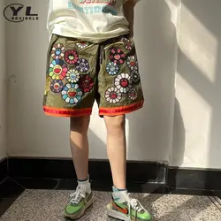 Flower Embroidery Shorts Men Summer Loose Elastic Waist Cargo Sports Trousers Vintage Casual Thin Drawstring Five-point Pants