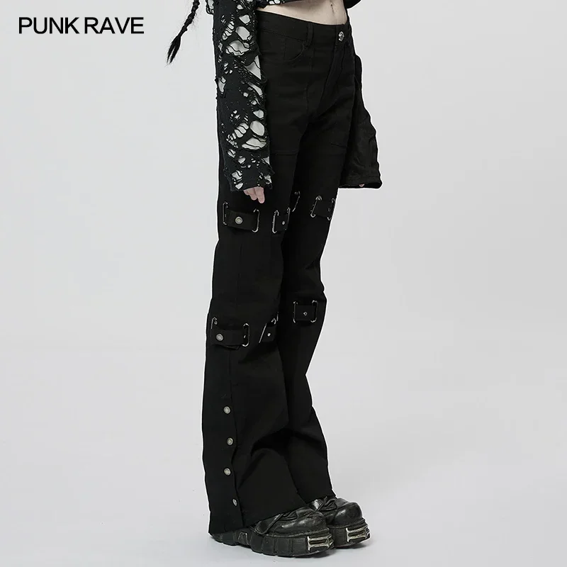 PUNK RAVE Women's Punk Style Micro Elastic Woven Flared Pants Trouser Legs Decorated with Eyelets Women Trousers Four Seasons