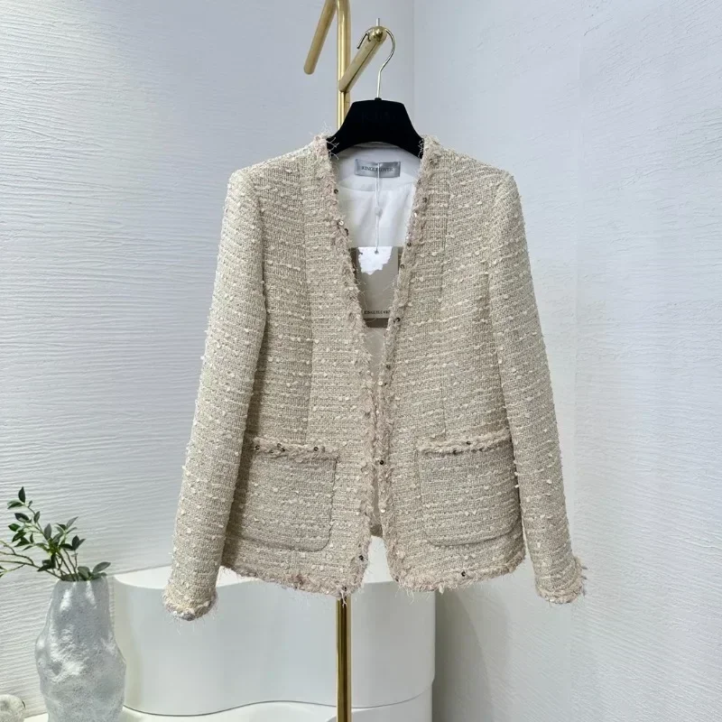 Kinglylover High Quality New Women 2024 Exquisite Design Pastoral Beige Tweed Sequined Long Sleeve Jacket