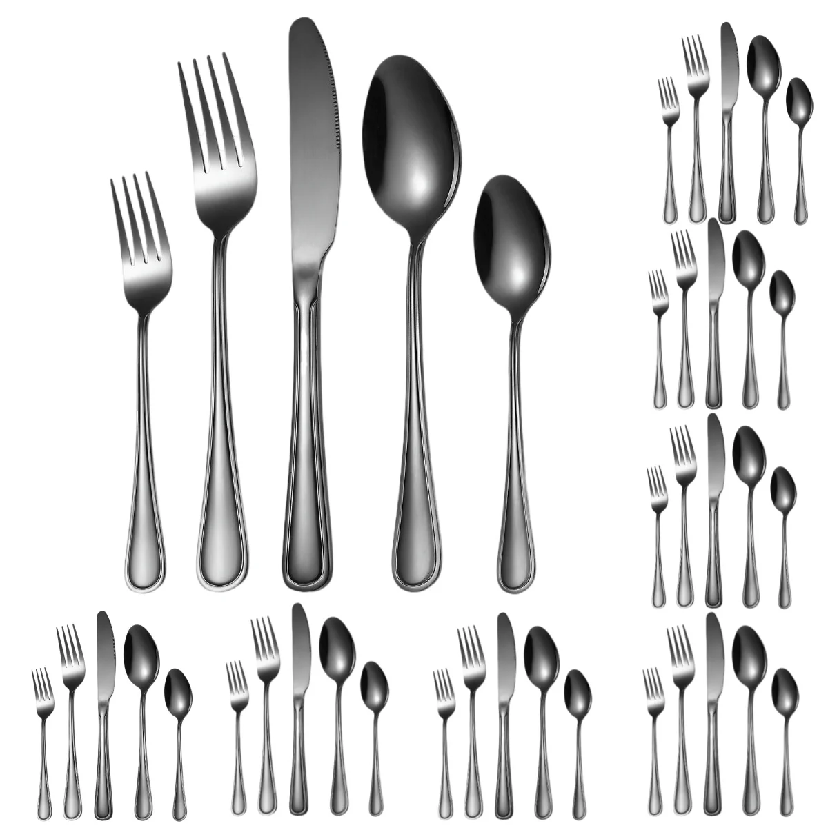 A · HOUSEWARE Black Stainless Steel Flatware 40 Pieces Line Pattern Handle Silverware Elegant Cutlery Utensils Set for 8 People