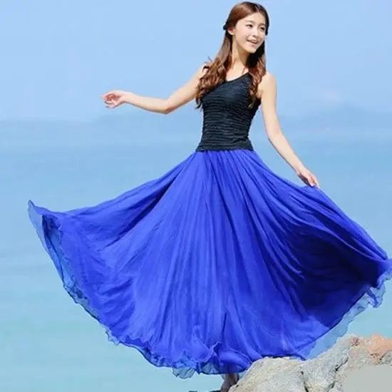 

Spring Casual 3-layer Chiffon Long Skirt for Women's Elegant and Casual High Waisted Bohemian Style Beach Super Long Skirt P732