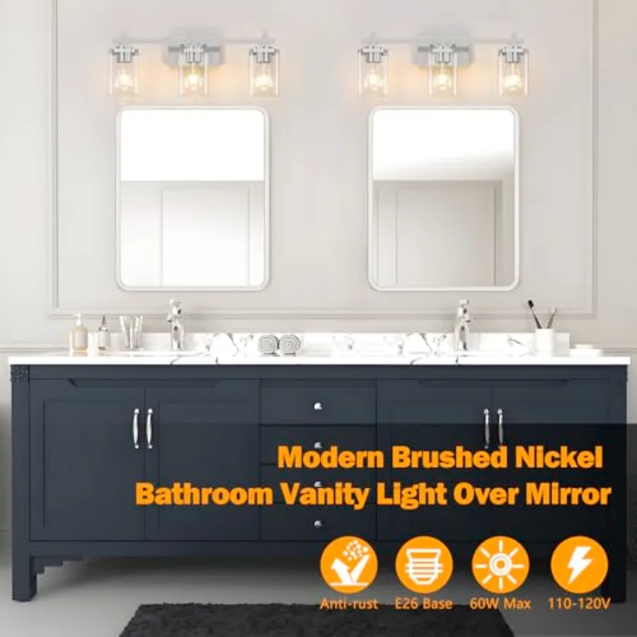 Brushed Nickel Bathroom Light Fixtures, Bathroom Vanity Light with Glass Shades, Modern Vanity Lights for Mirror, Wall Lights f view 3