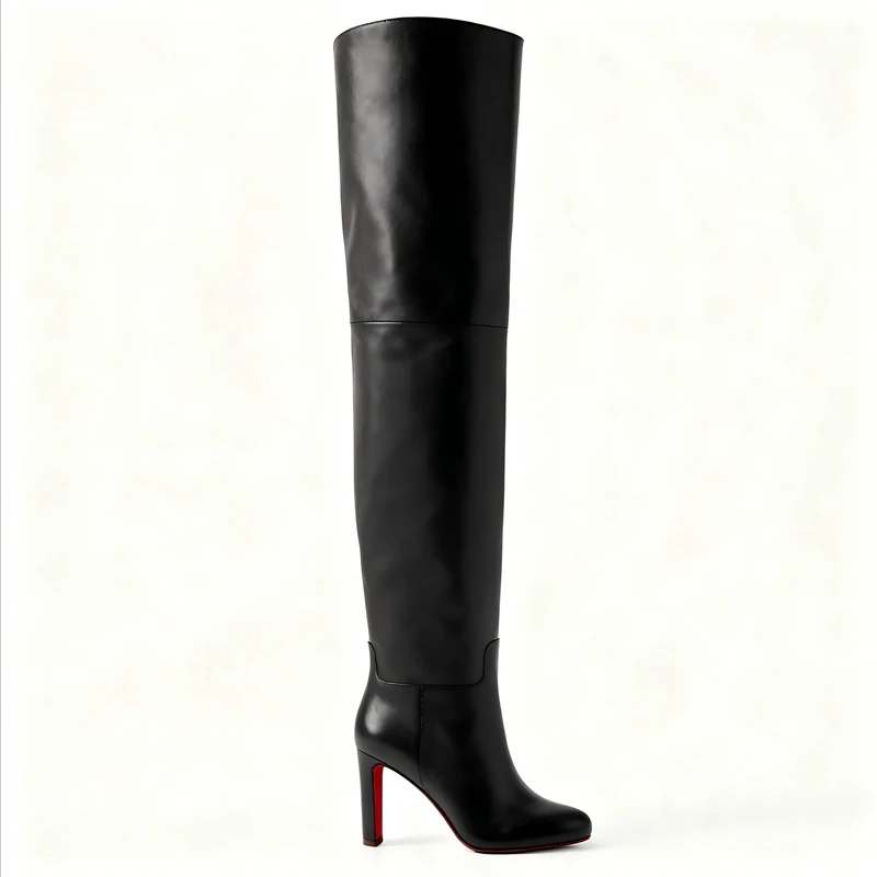 

Women's New Black Leather Round Toe Over The Knee Women's Boots, Thick High Heels, Fashionable Size 34-46 Large Women's Boots