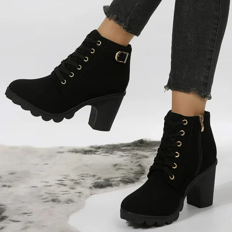 Botas de mujer con cordones, botines de moda de primavera para exteriores, botas de tacón alto con hebilla negra, zapatos de plataforma de talla grande para mujer
