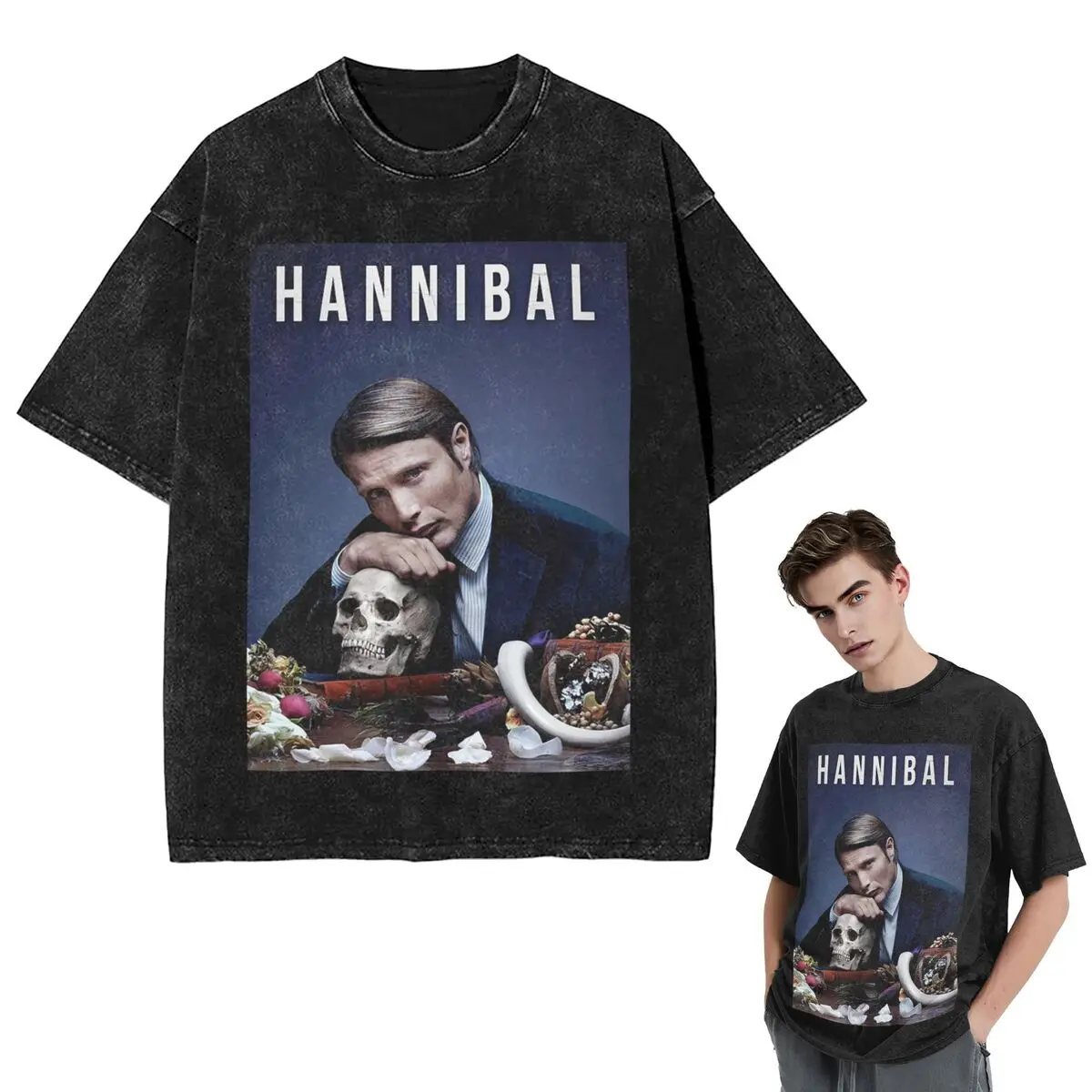 Streetwear T-Shirts Hannibal Mads Mikkelsen Horror Movie Merch  Washed T Shirt Short Sleeve Hip Hop T-Shirt Tops Tees