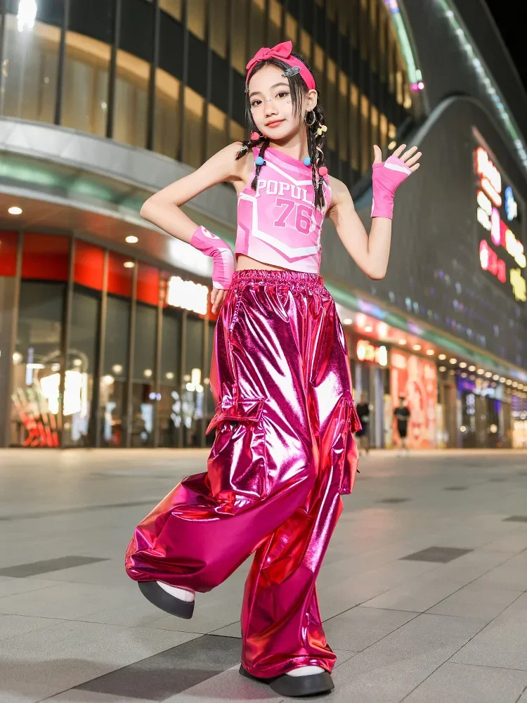 Mädchen Hip Hop Set Rosa Ärmellose Weste Glänzende PU Leder Cargo Hosen Street Dance Für Kinder Streetwear Kind Jazz Kleidung